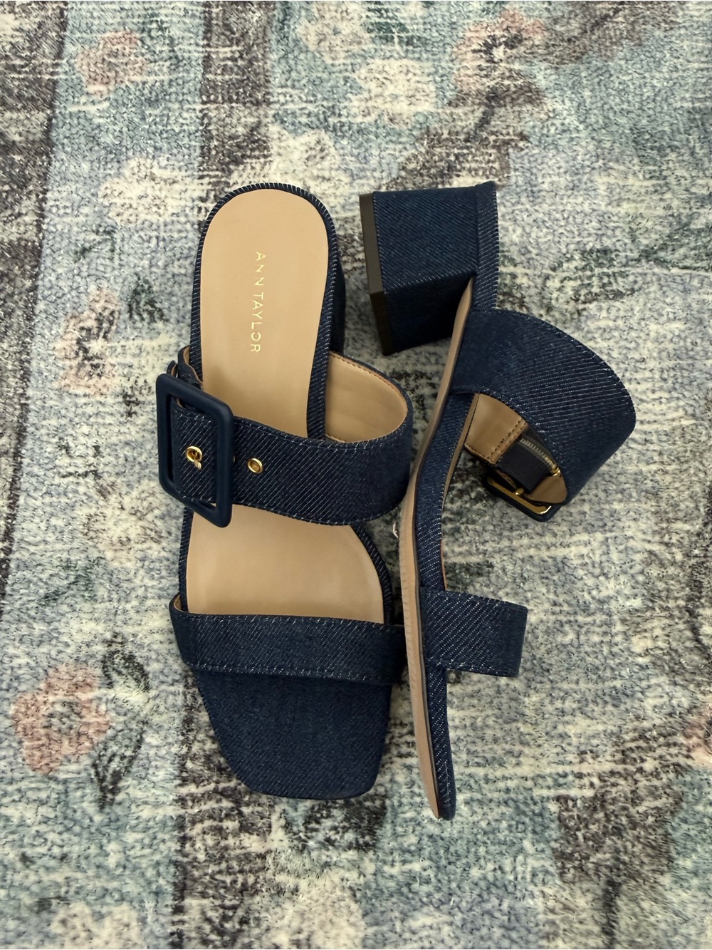 Ann Taylor Navy Denim Block Heel Slide Sandals